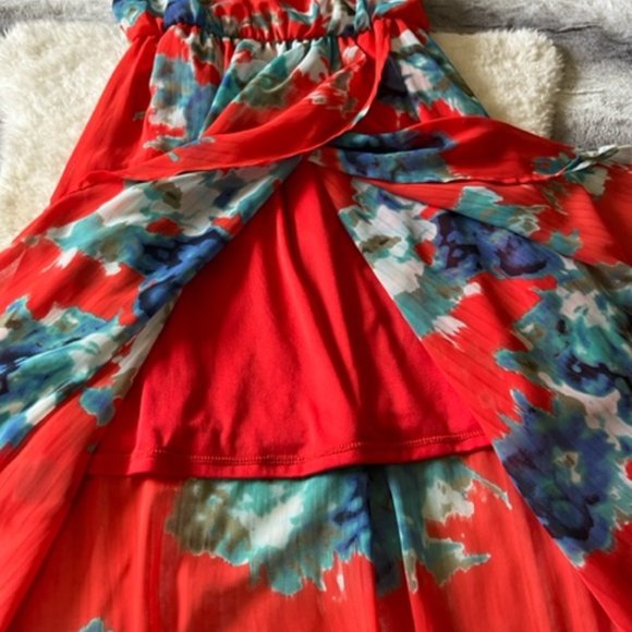 Sienna Sky Red Maxi Flowy Spaghetti Strap Dress with Watercolor Floral Detailing - Picture 4 of 5